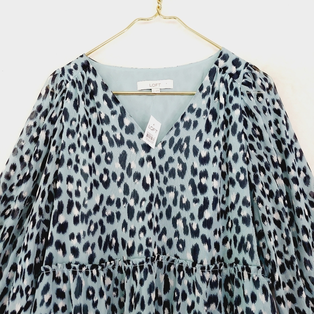 New LOFT Blue Leopard Print Long Sleeve V-Neck Midi Dress P 405 - Picture 3 of 10
